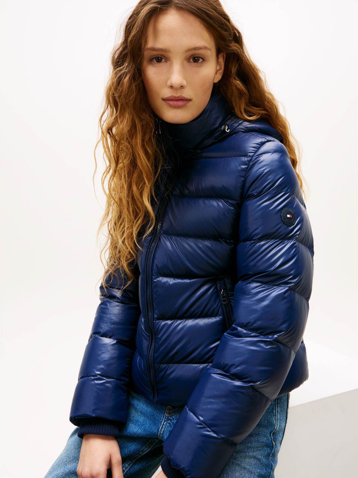 Shiny Water Repellent Down Hooded Jacket — Blue