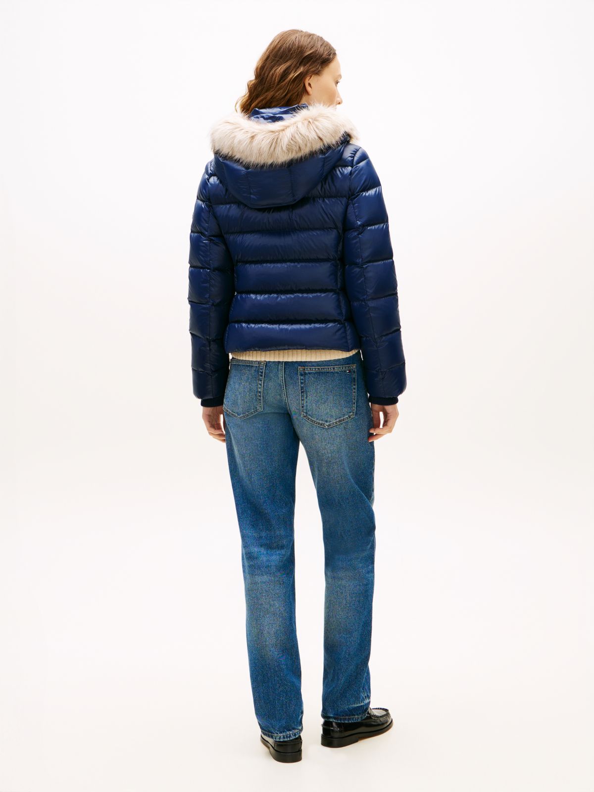 Shiny Water Repellent Down Hooded Jacket — Blue