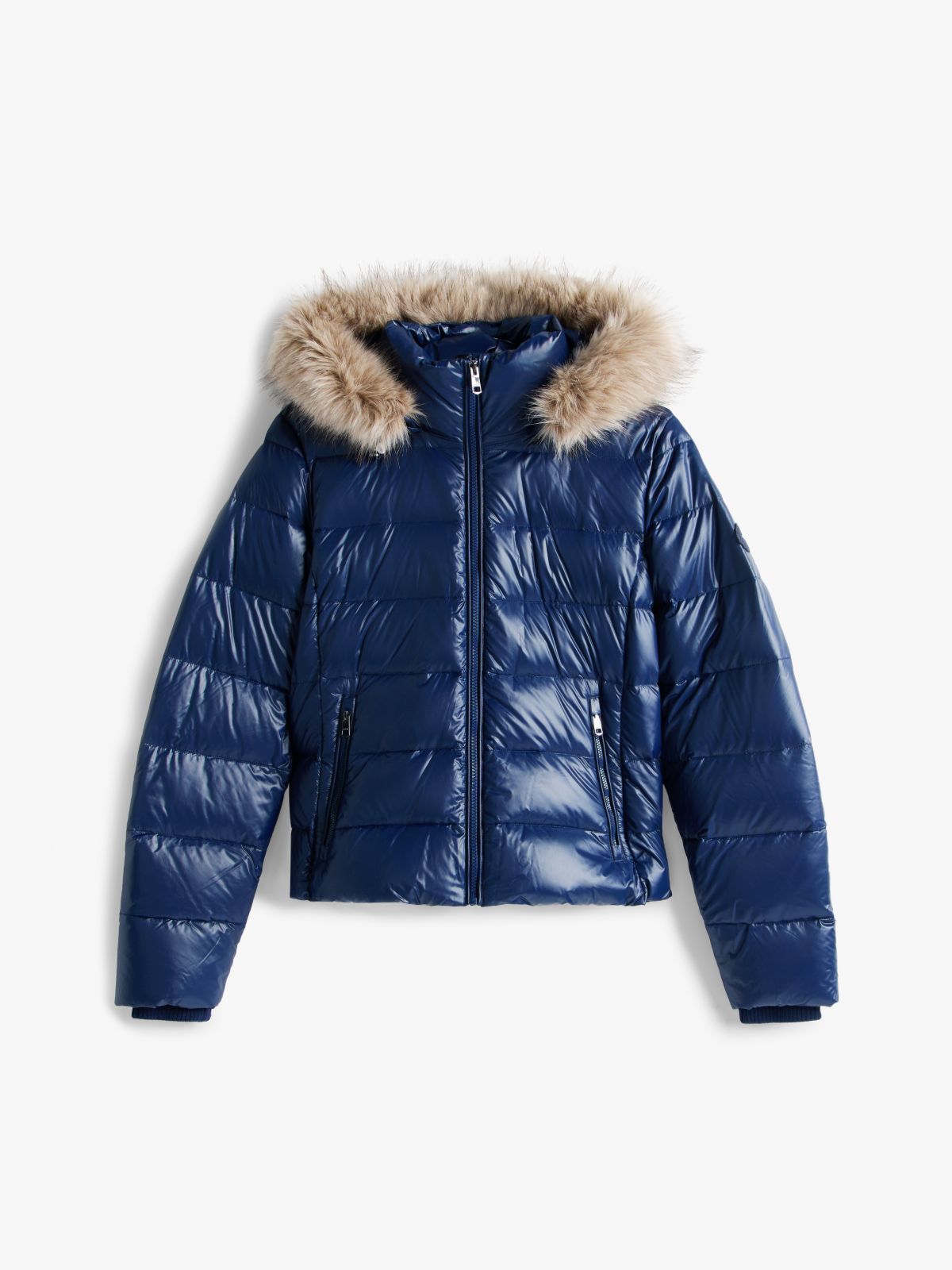 Shiny Water Repellent Down Hooded Jacket — Blue
