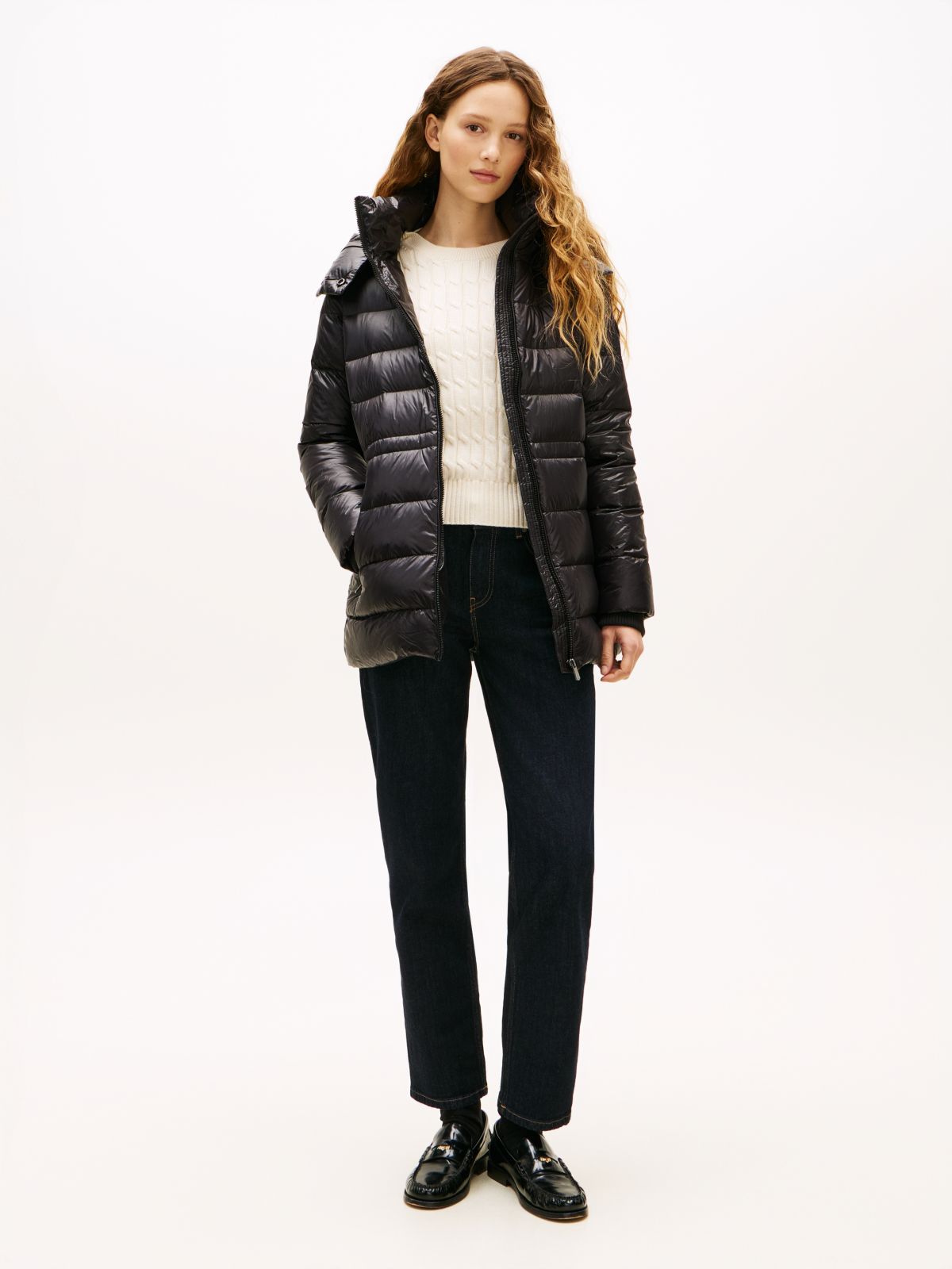 Shiny Water Repellent Down Puffer Coat — Black