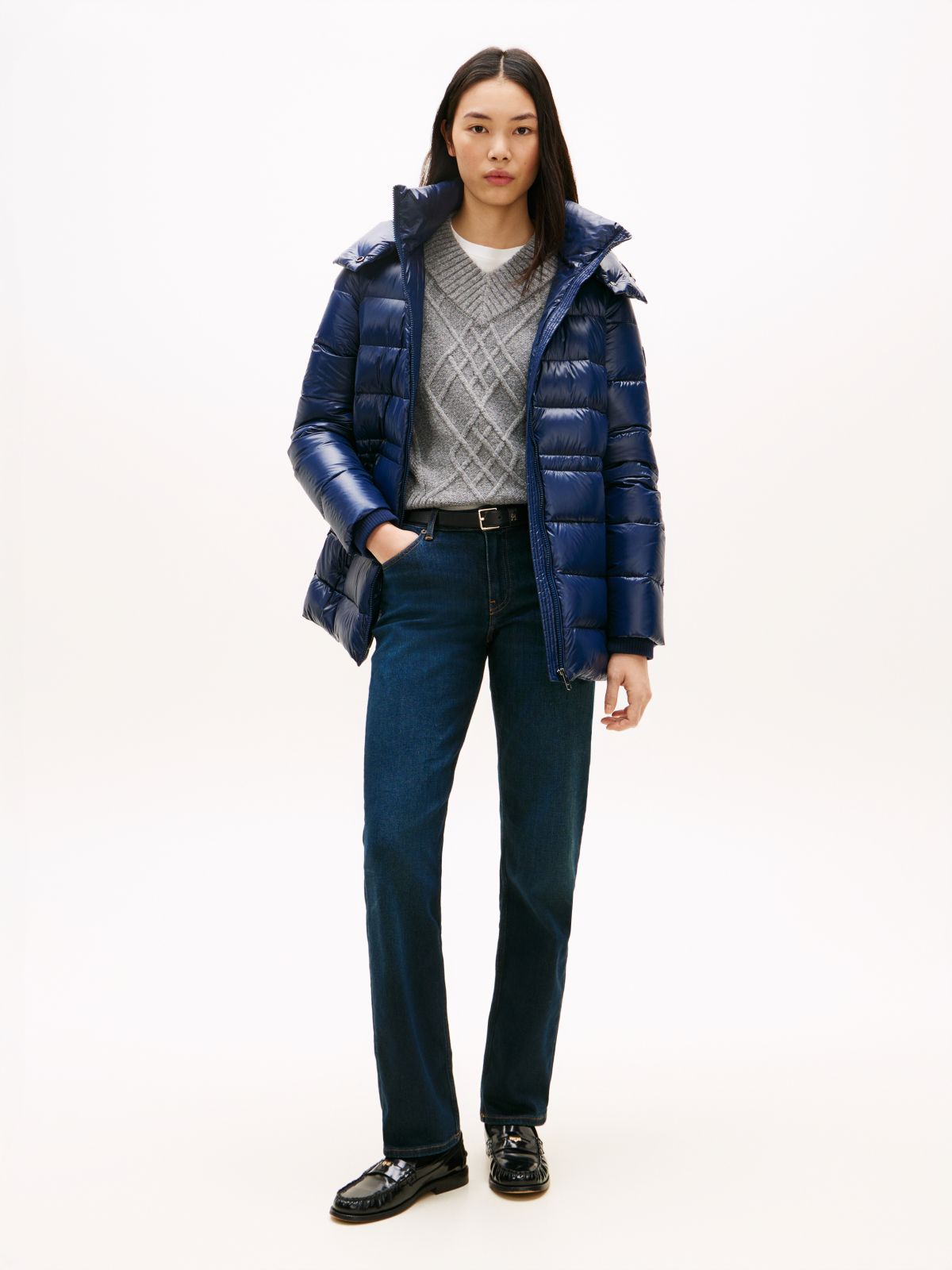 Shiny Water Repellent Down Puffer Coat — Blue