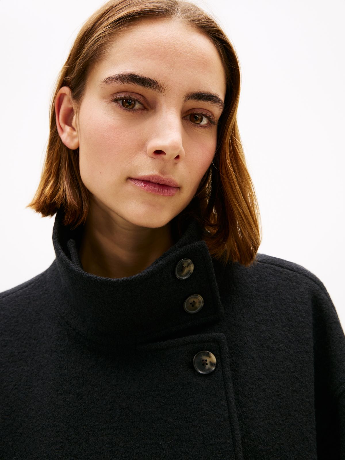 Wool Blend Funnel Neck Relaxed Coat — Black