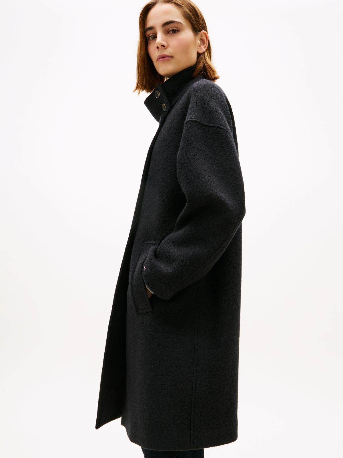 Wool Blend Funnel Neck Relaxed Coat — Black