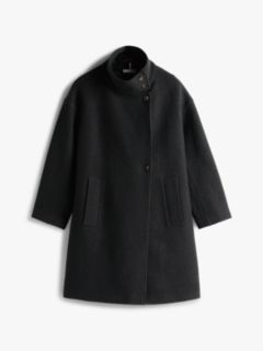 Wool Blend Funnel Neck Relaxed Coat — Black 5