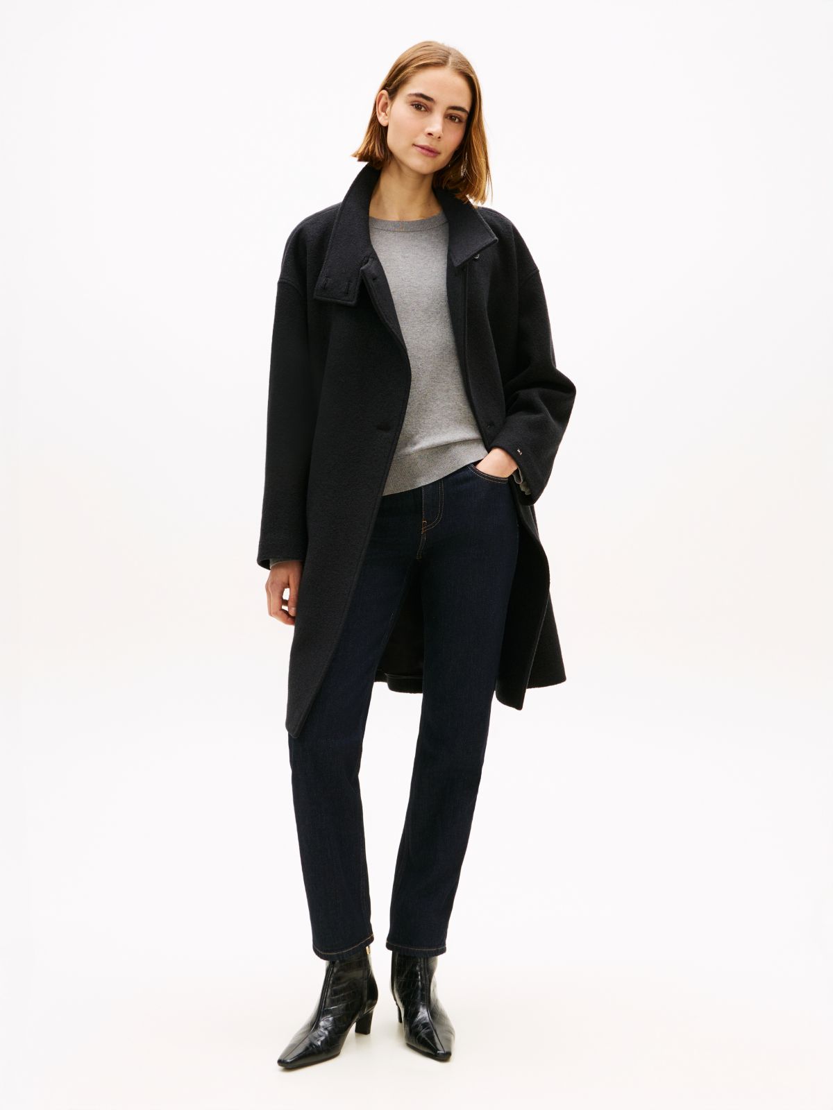 Wool Blend Funnel Neck Relaxed Coat — Black