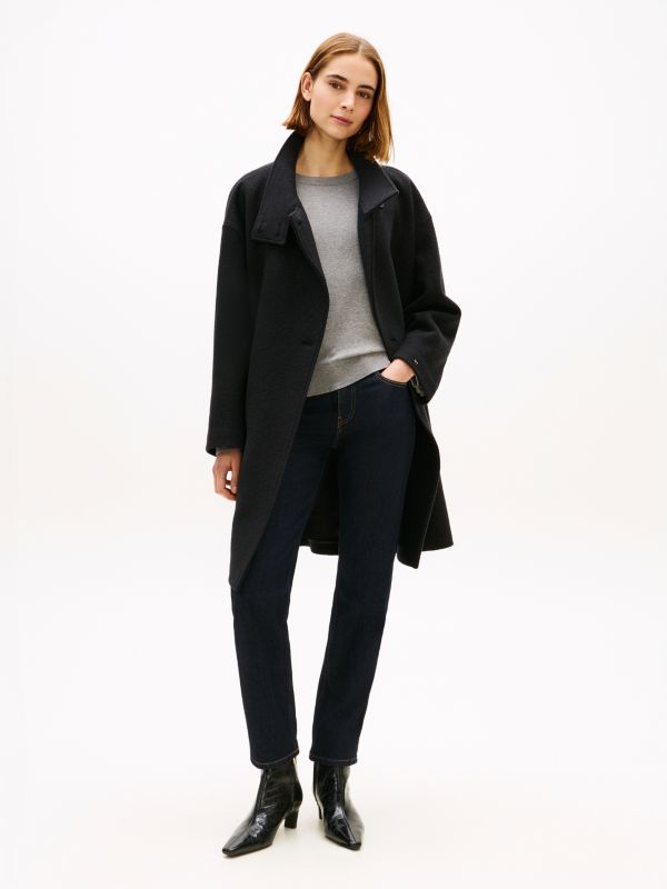 Wool Blend Funnel Neck Relaxed Coat — Black