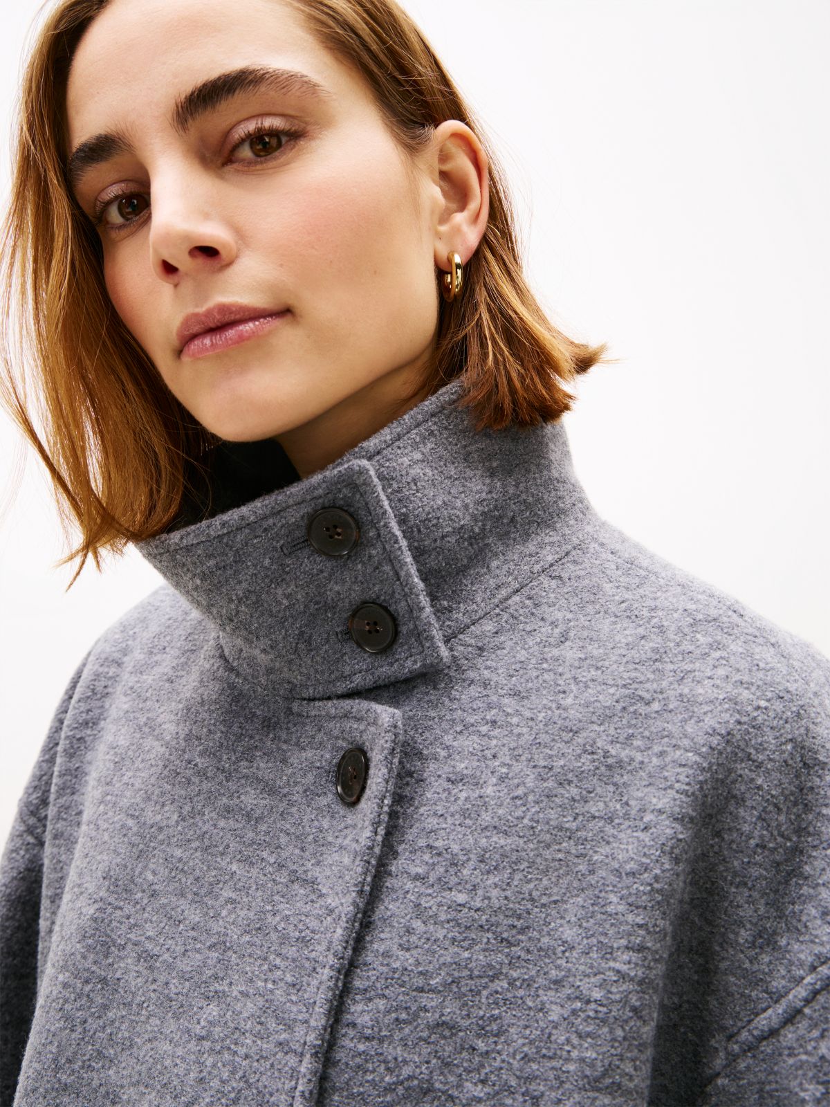 Wool Blend Funnel Neck Relaxed Coat — Grey