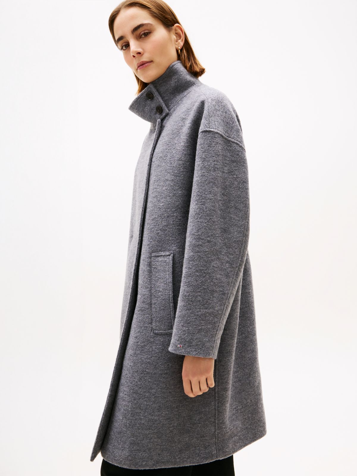 Wool Blend Funnel Neck Relaxed Coat — Grey
