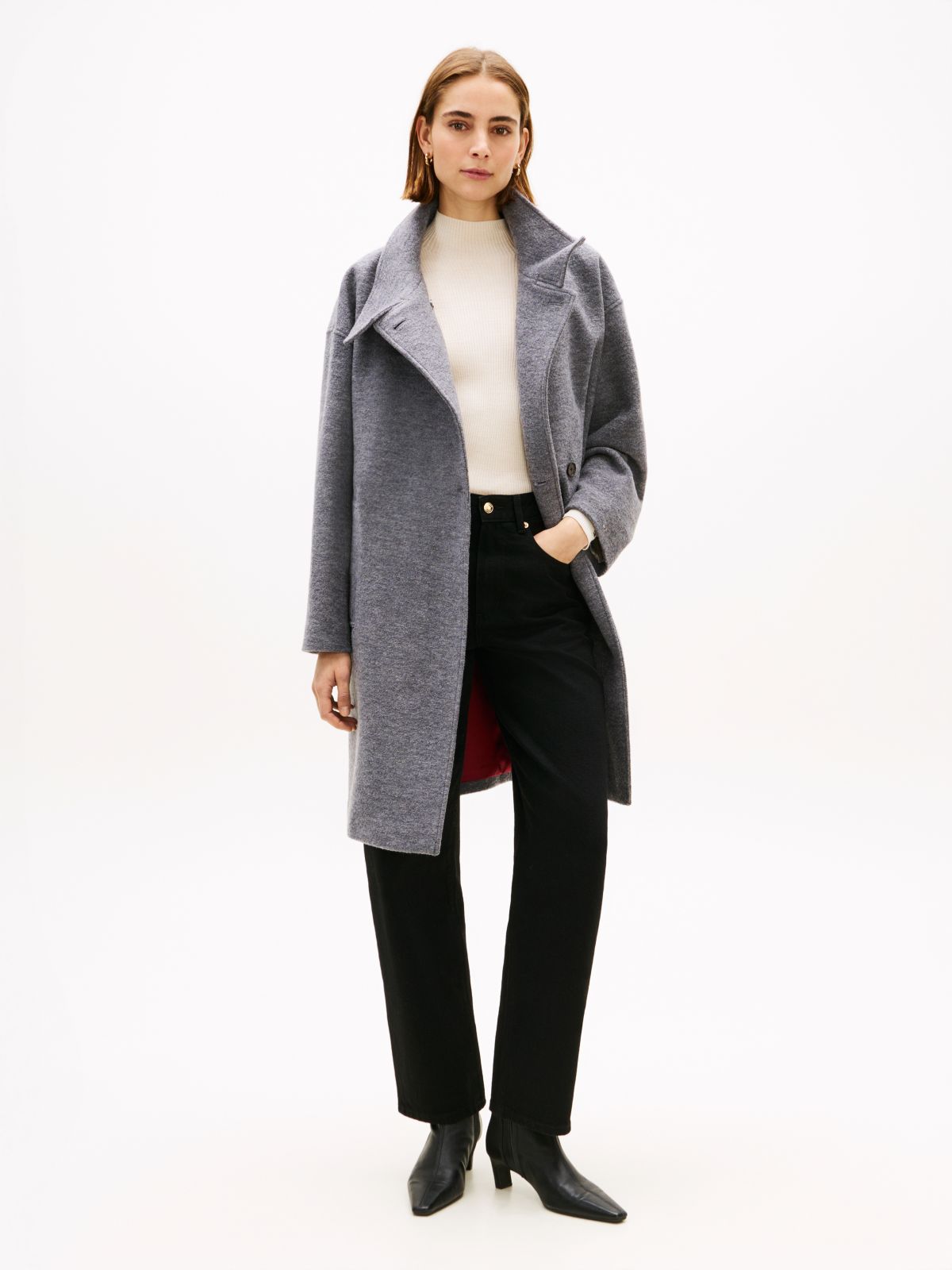 Wool Blend Funnel Neck Relaxed Coat — Grey