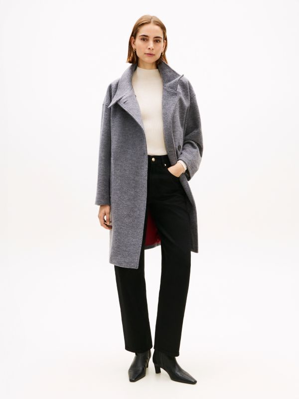 Wool Blend Funnel Neck Relaxed Coat — Grey