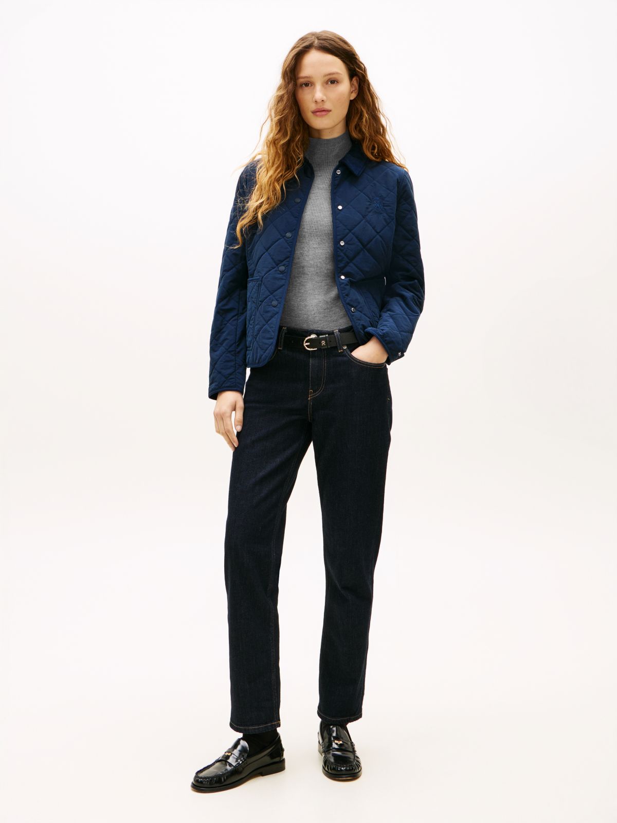 Crest Embroidery Padded Quilted Slim Jacket — Blue