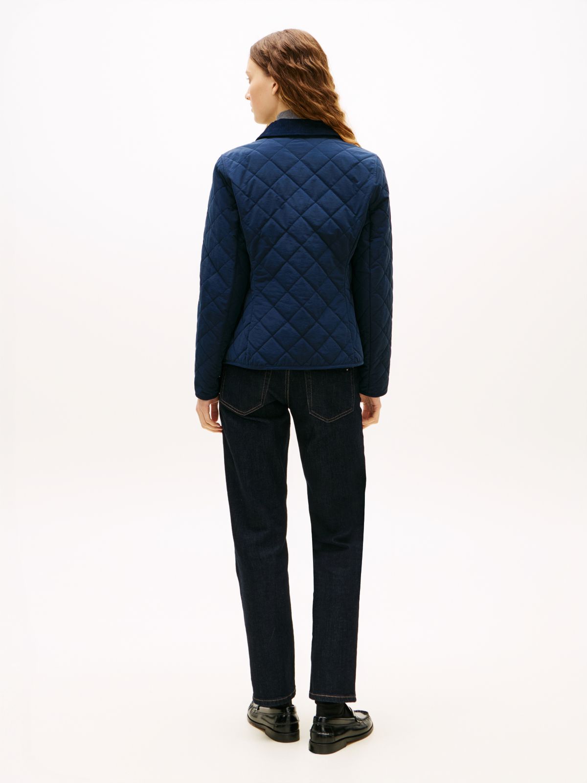 Crest Embroidery Padded Quilted Slim Jacket — Blue