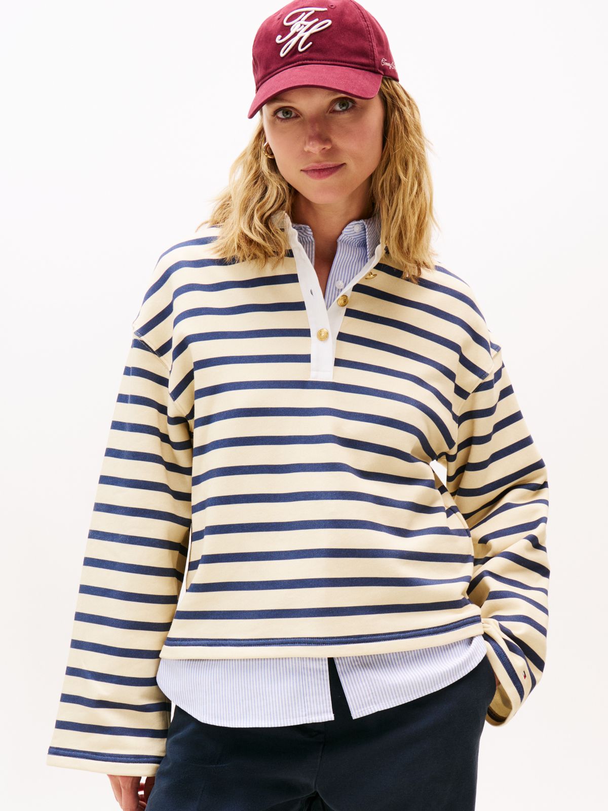 Gold-Tone Button Relaxed Rugby Sweatshirt — Multi