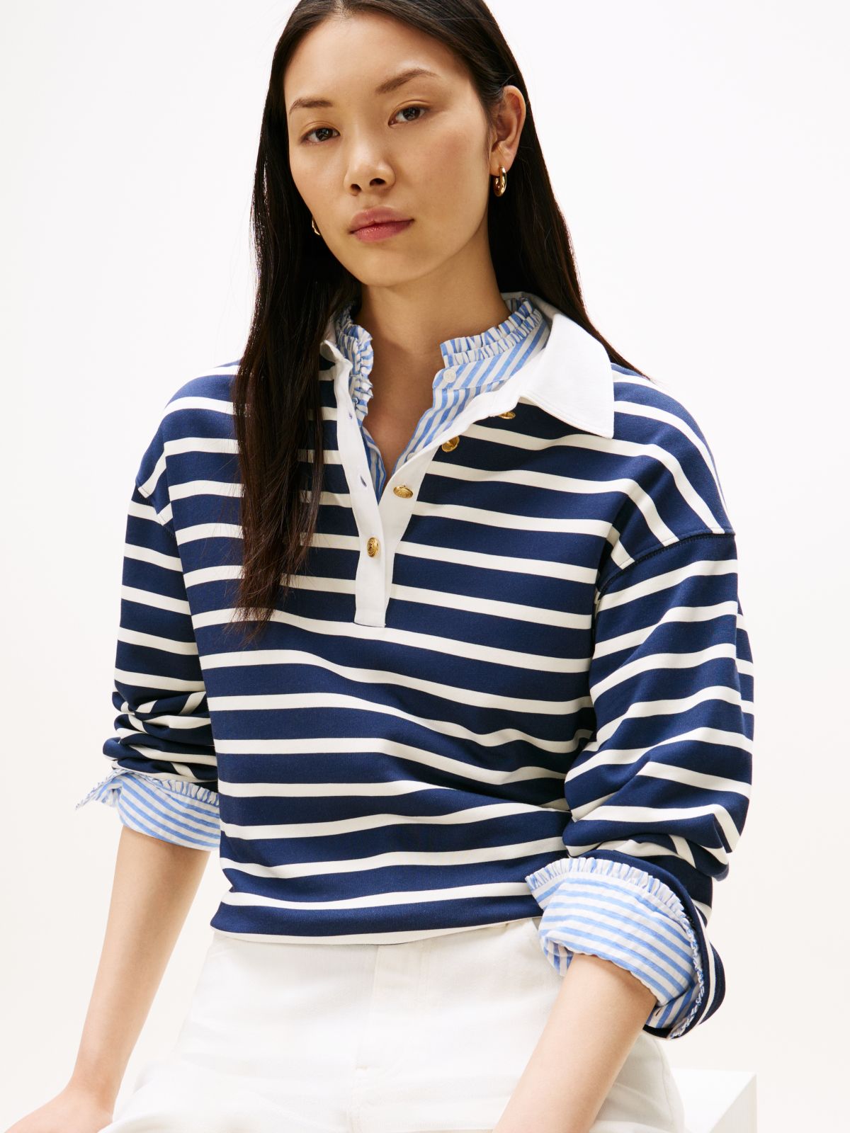 Gold-Tone Button Relaxed Rugby Sweatshirt — Multi