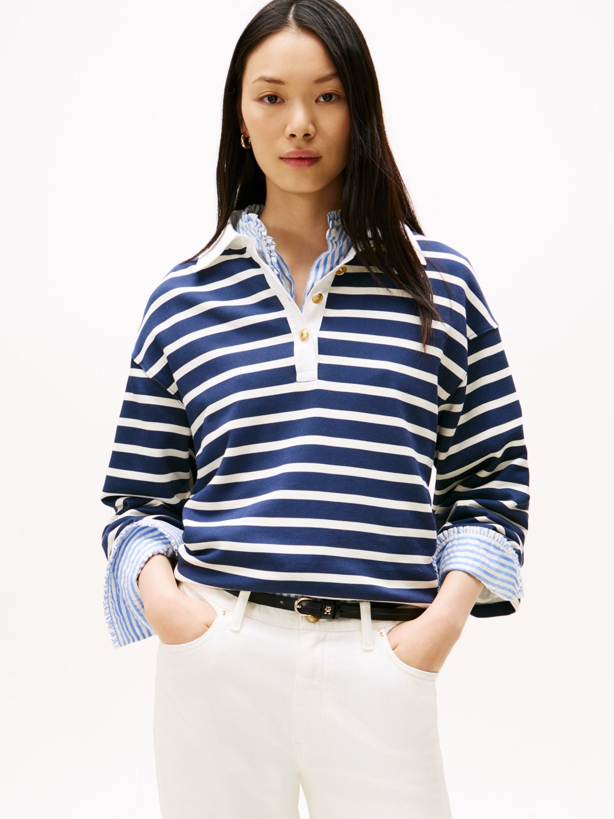 Gold-Tone Button Relaxed Rugby Sweatshirt — Multi