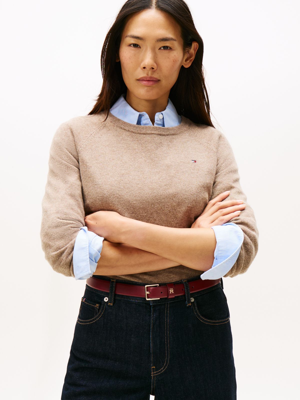 Crew Neck Jumper With Cashmere — Brown