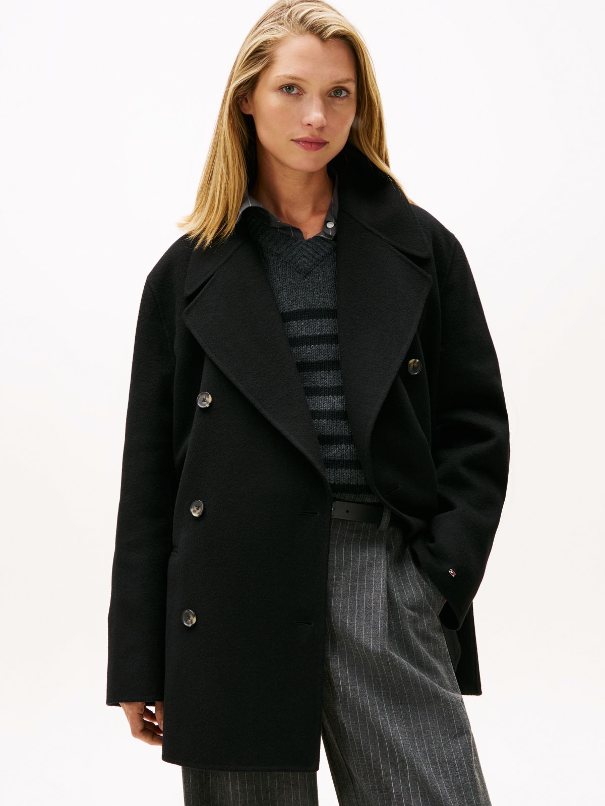 Wool Blend Double Breasted Peacoat — Black