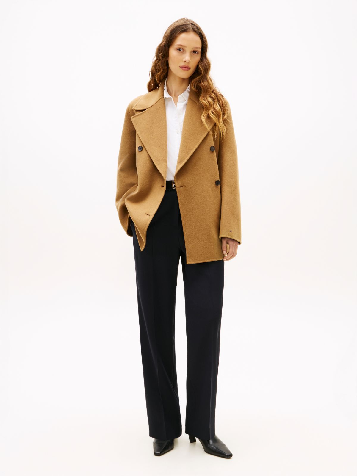 Wool Blend Double Breasted Peacoat — Brown