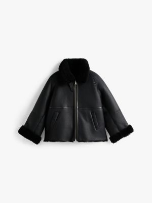 black leather oversized aviator jacket for women tommy hilfiger