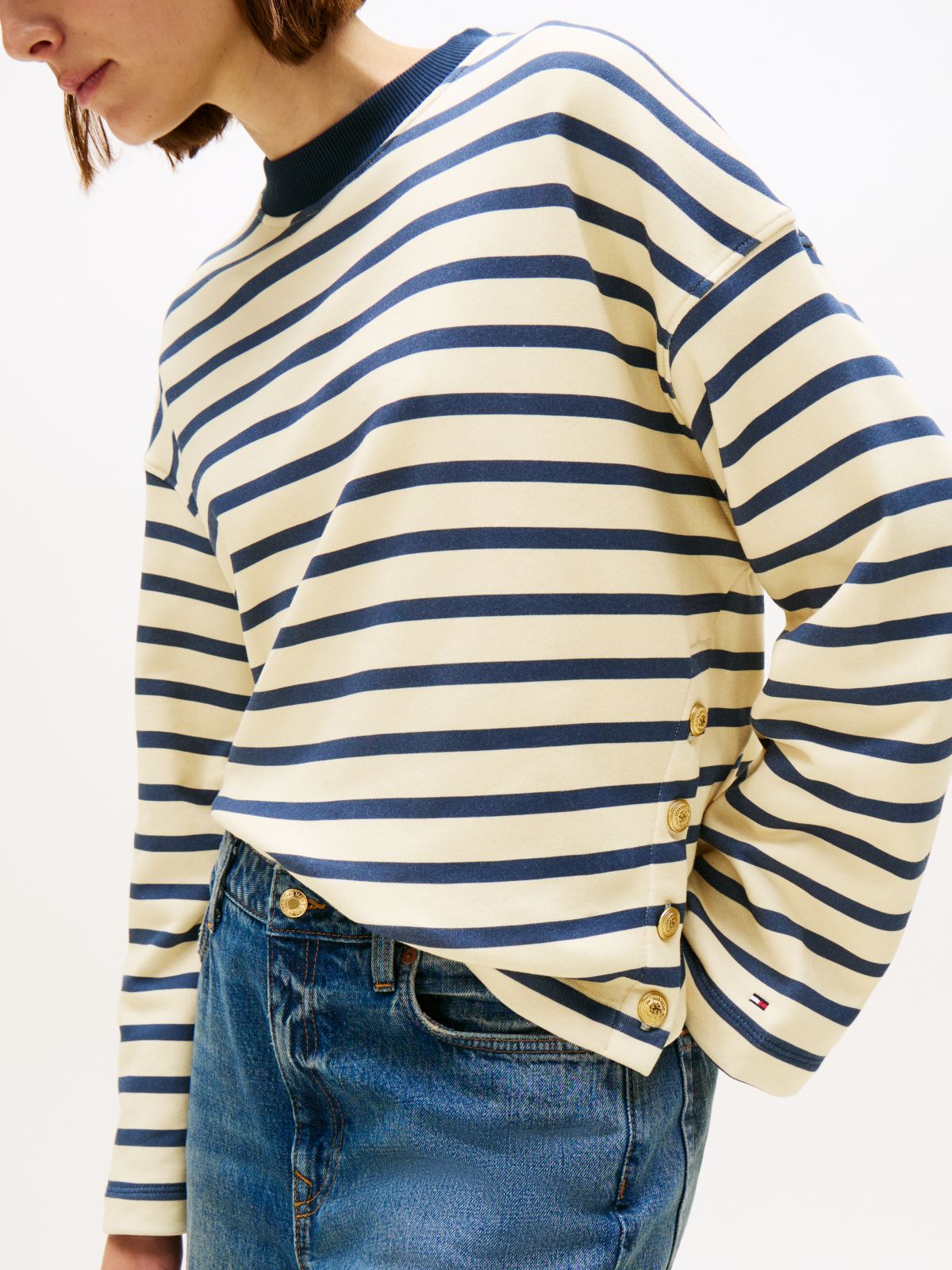 Gold-Tone Button Stripe Sweatshirt — Multi