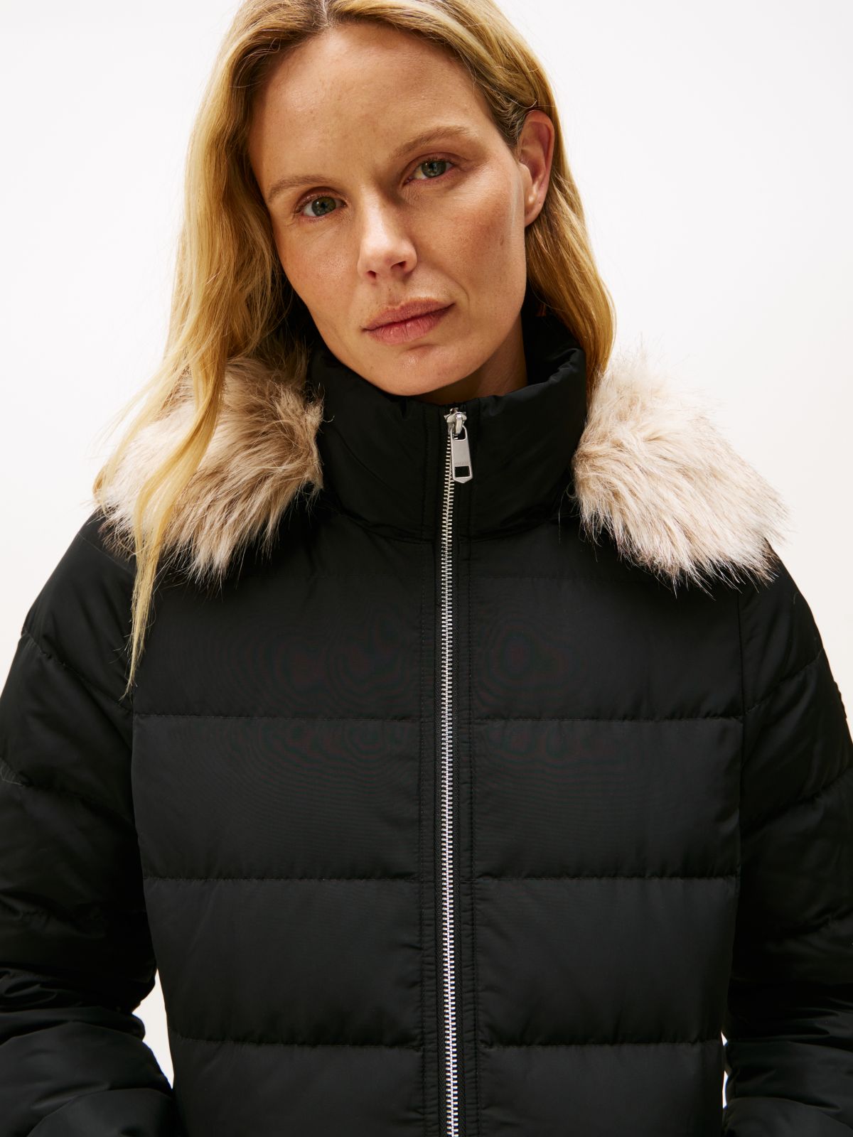 Faux Fur Hood Down Puffer Coat — Black