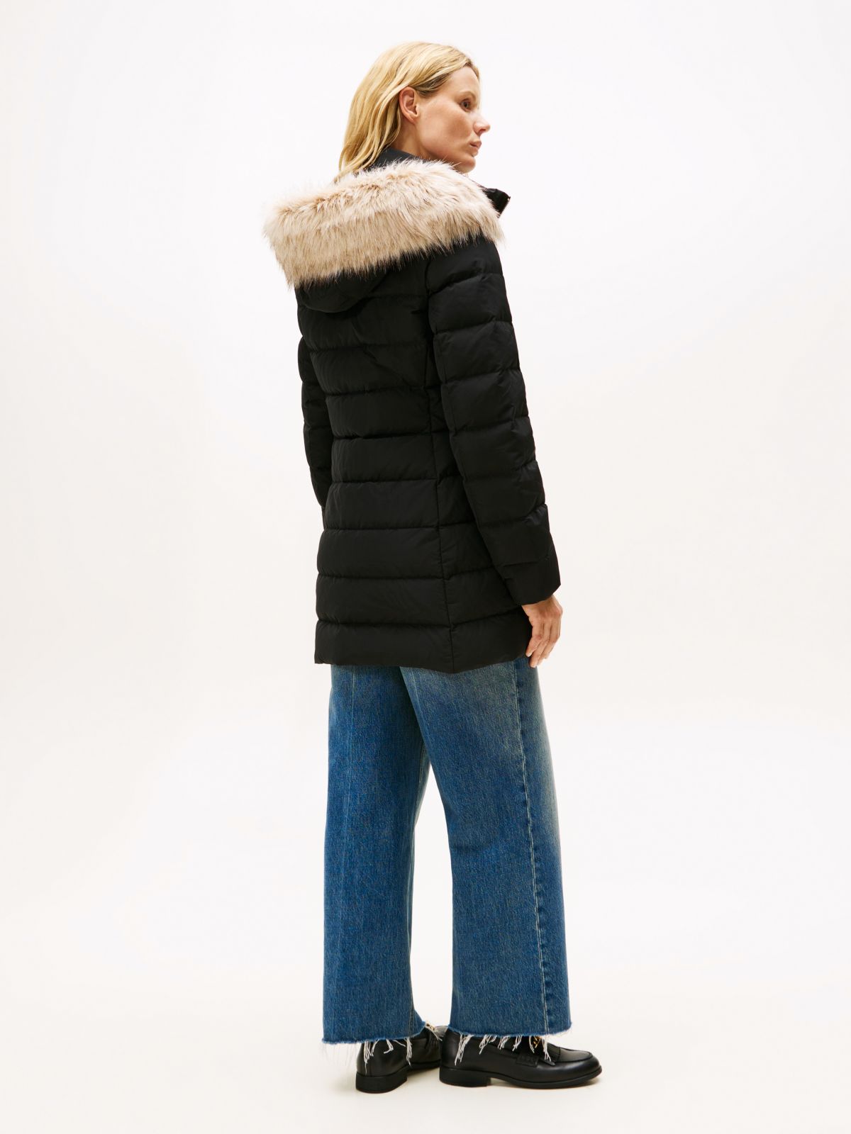 Faux Fur Hood Down Puffer Coat — Black