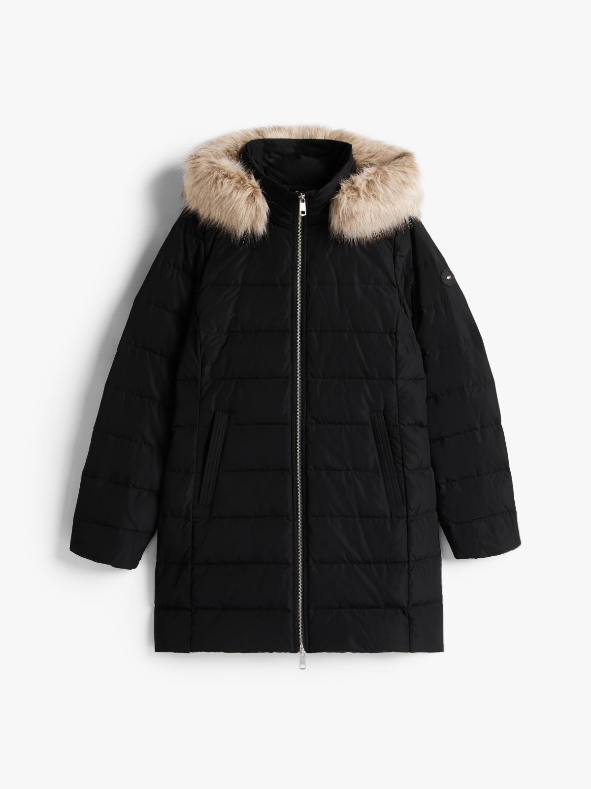 Faux Fur Hood Down Puffer Coat — Black