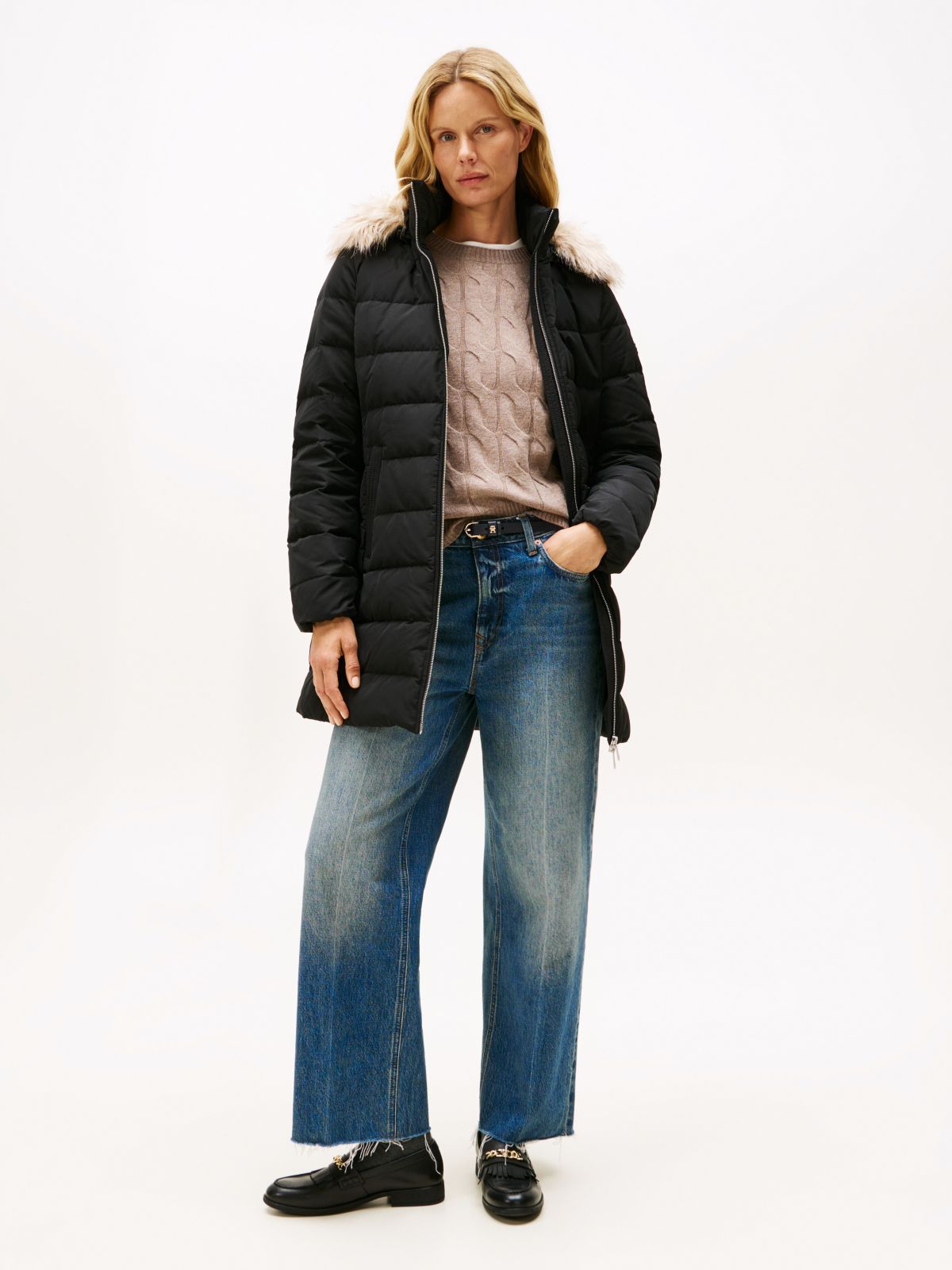 Faux Fur Hood Down Puffer Coat — Black