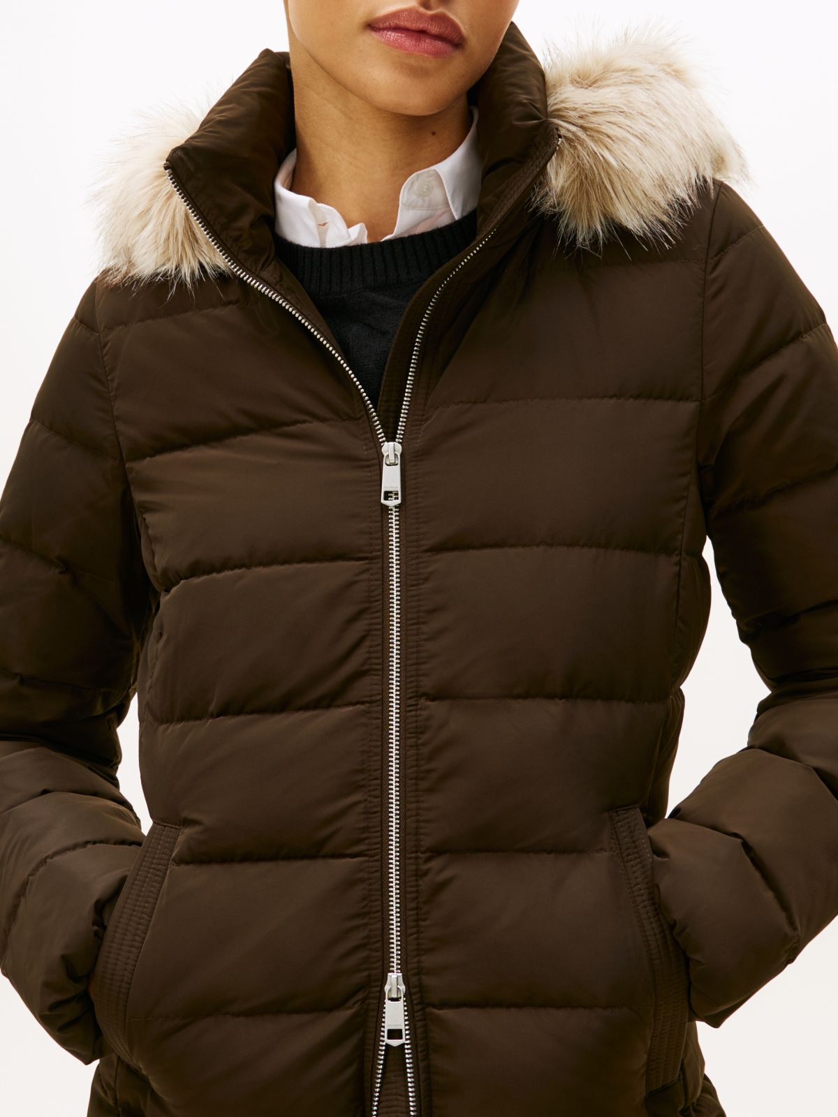 Faux Fur Hood Down Puffer Coat — Brown