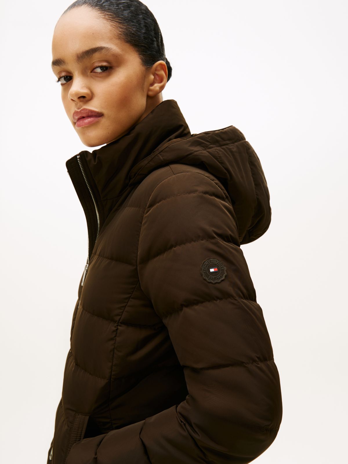 Faux Fur Hood Down Puffer Coat — Brown