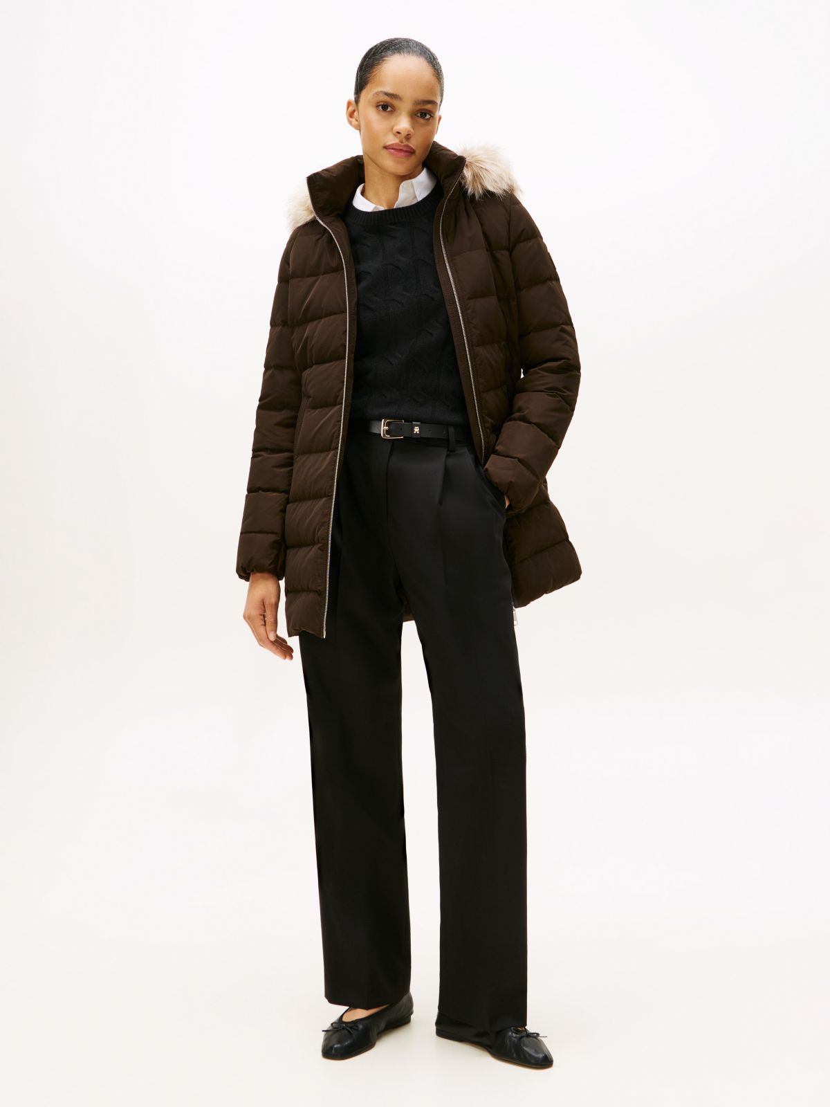 Faux Fur Hood Down Puffer Coat — Brown