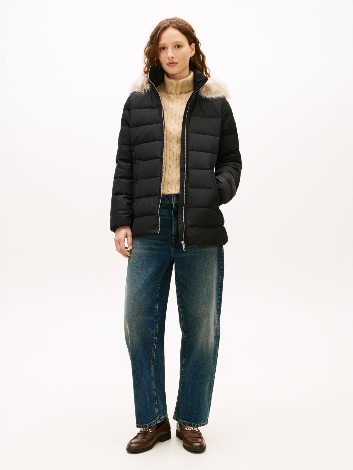 Faux Fur Hood Down Puffer Jacket — Black