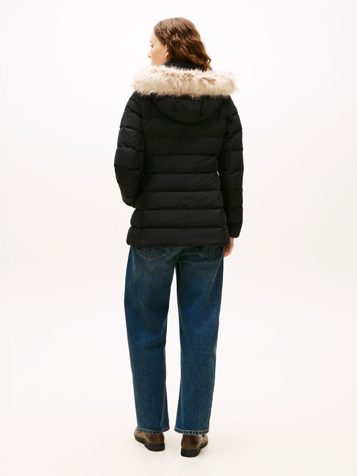 Faux Fur Hood Down Puffer Jacket — Black