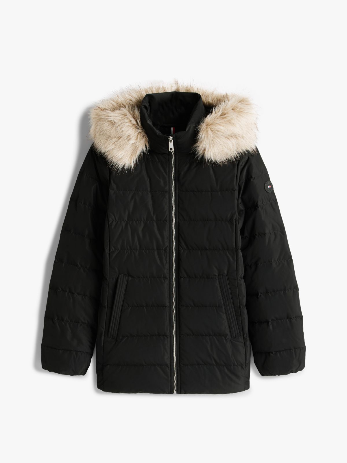 Faux Fur Hood Down Puffer Jacket — Black