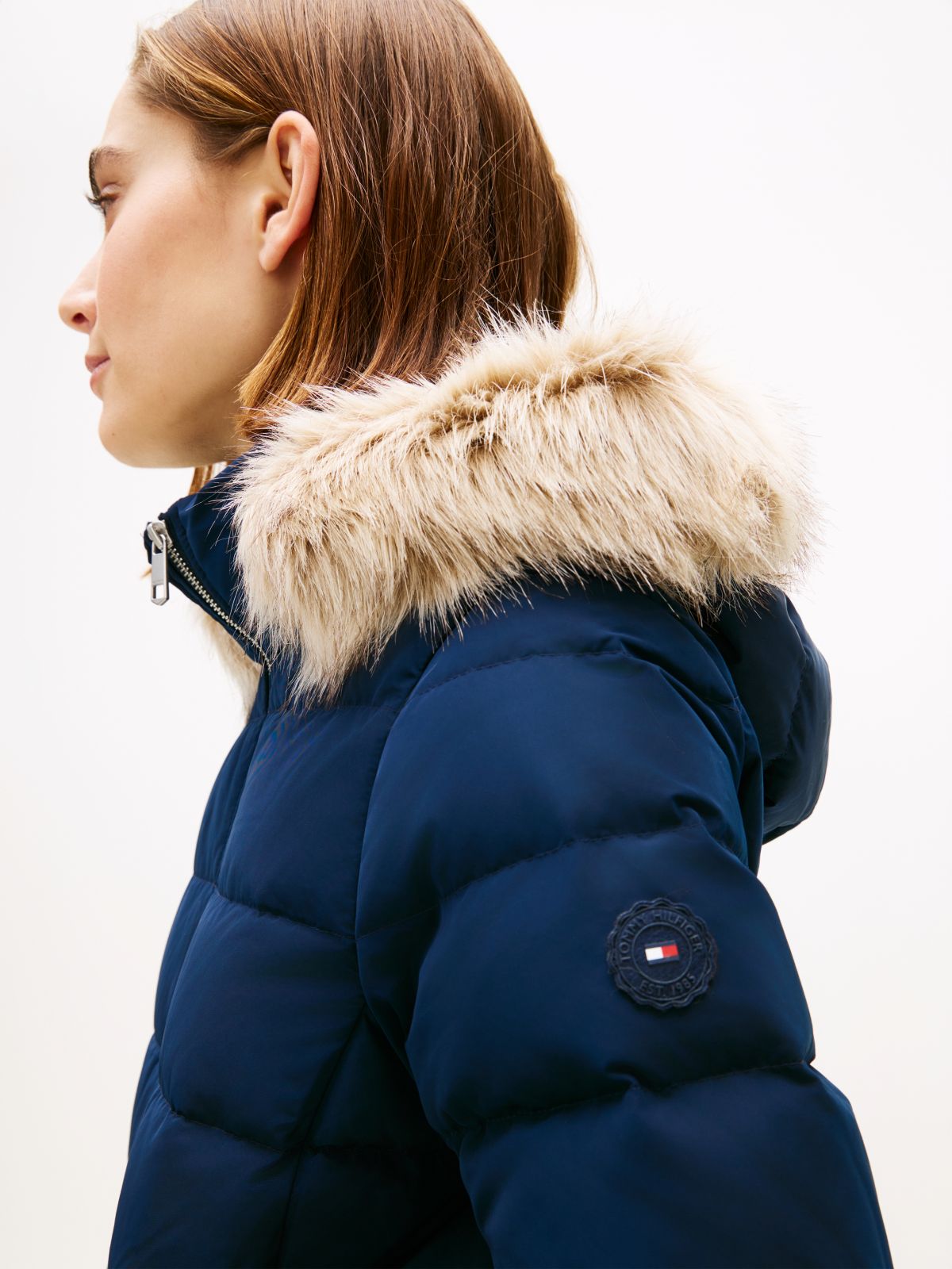 Faux Fur Hood Down Puffer Jacket — Blue