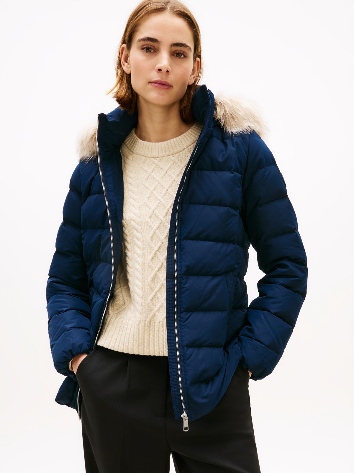 Faux Fur Hood Down Puffer Jacket — Blue