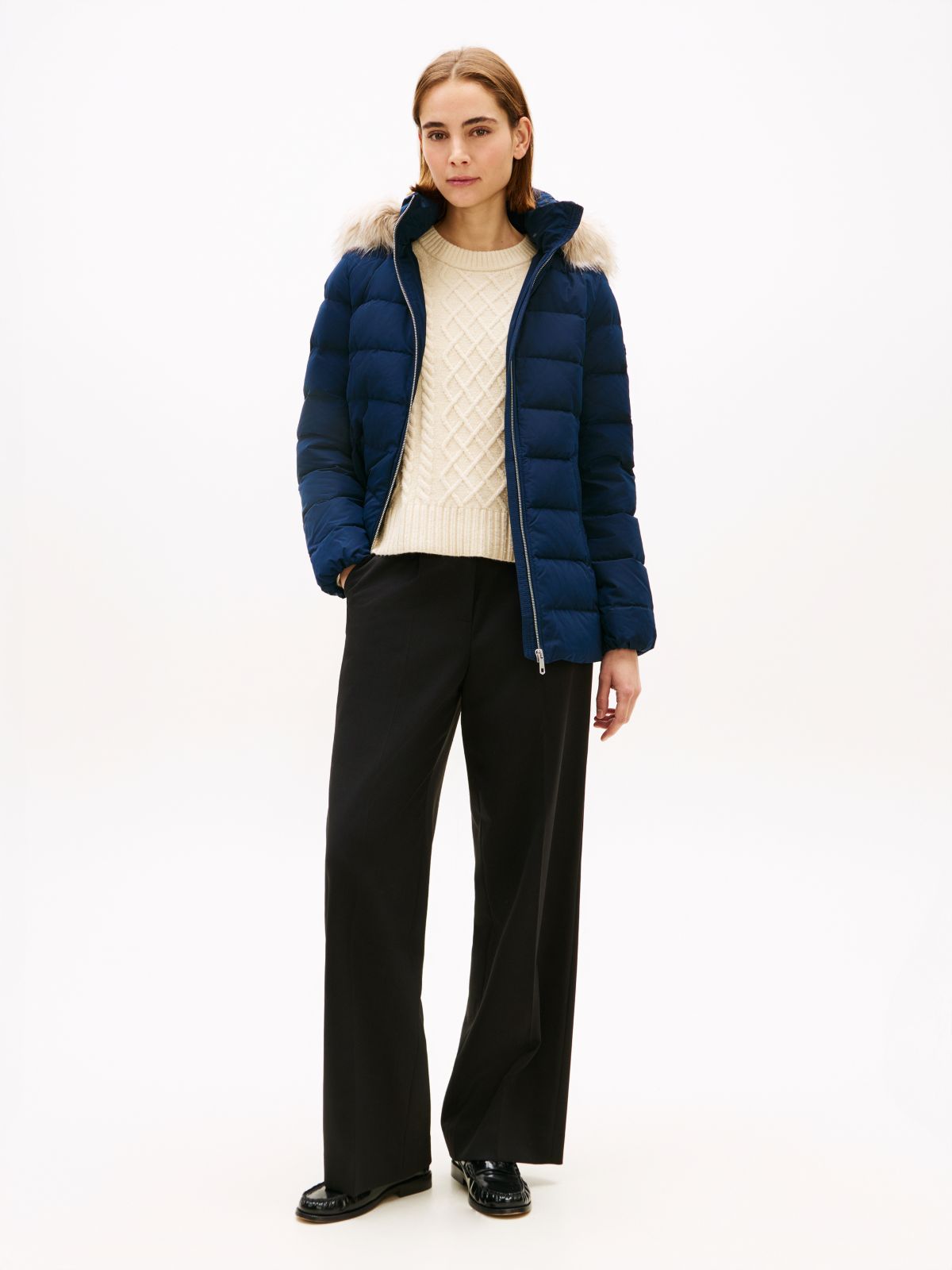 Faux Fur Hood Down Puffer Jacket — Blue