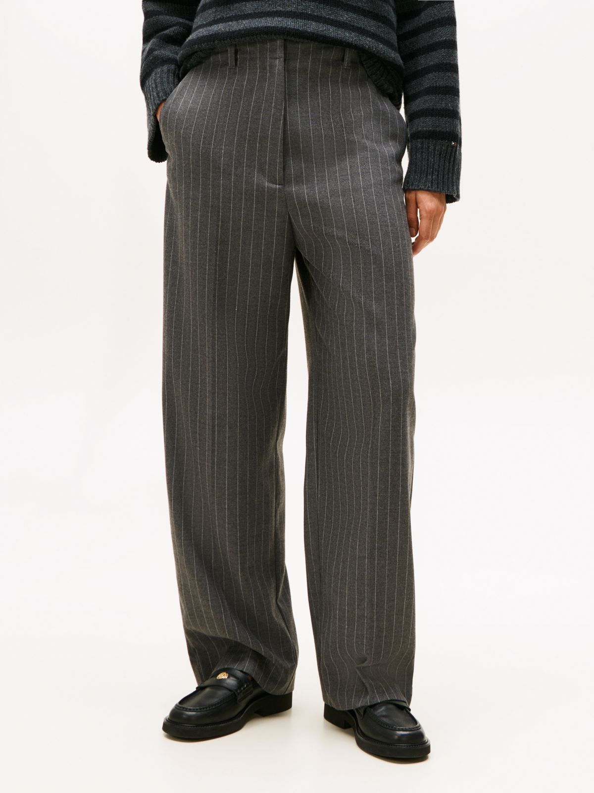 Pinstripe Oversized Straight Trousers — Grey
