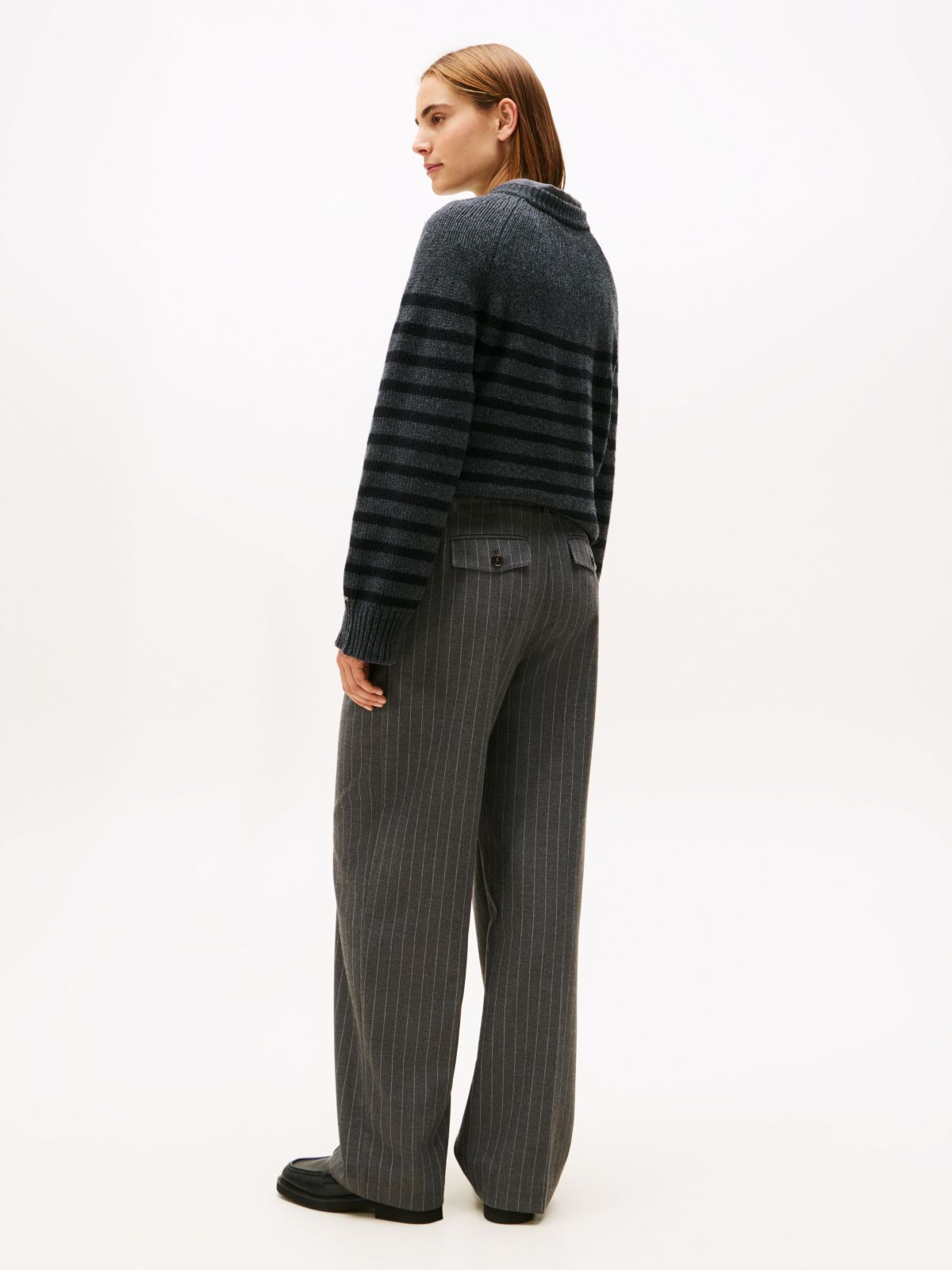 Pinstripe Oversized Straight Trousers — Grey