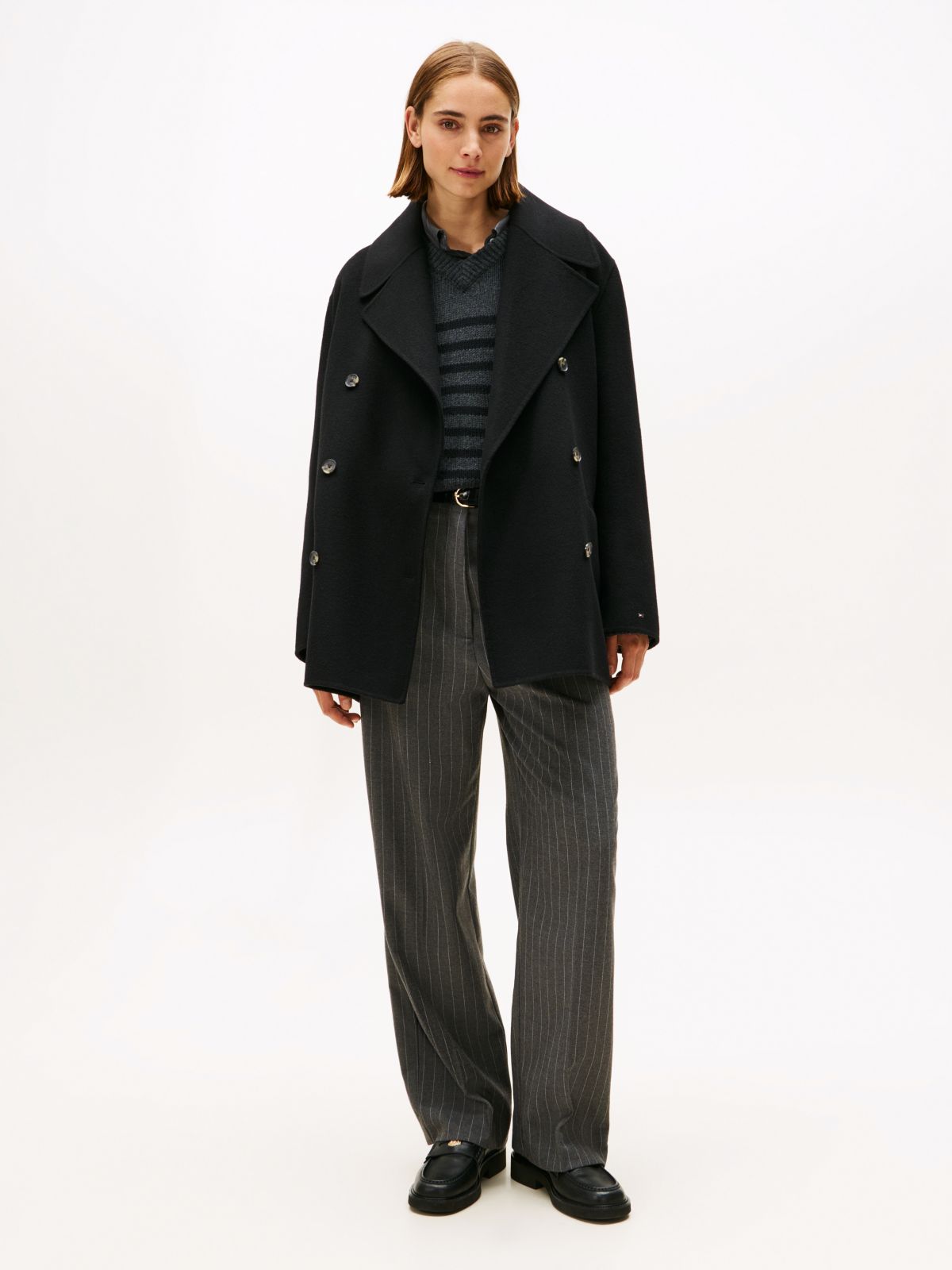 Pinstripe Oversized Straight Trousers — Grey