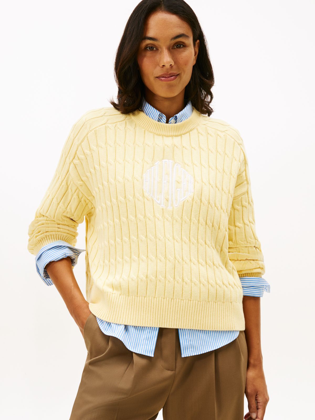 Logo Embroidery Relaxed Cable Knit Jumper — Yellow