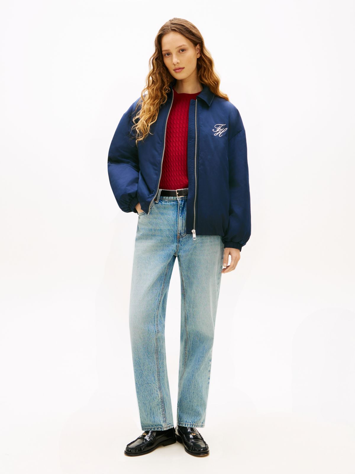 Water Repellent Satin Relaxed Padded Jacket — Blue