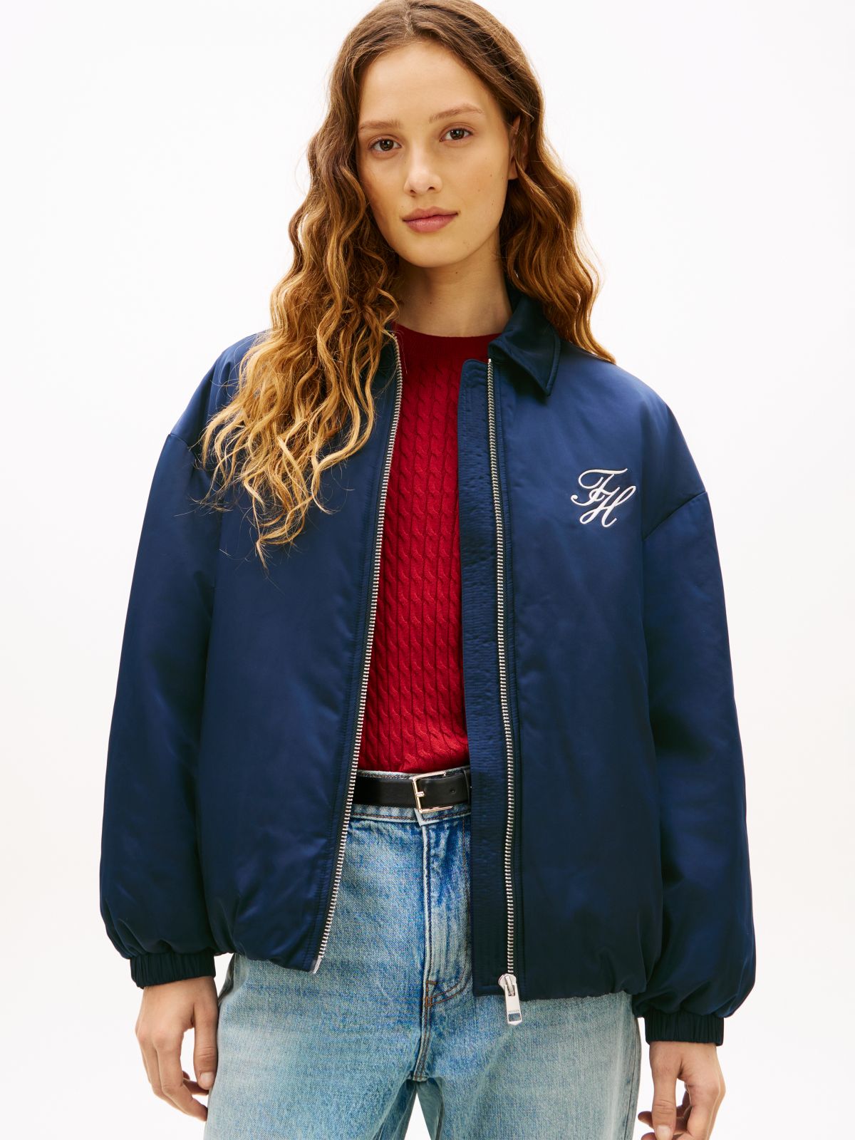 Water Repellent Satin Relaxed Padded Jacket — Blue