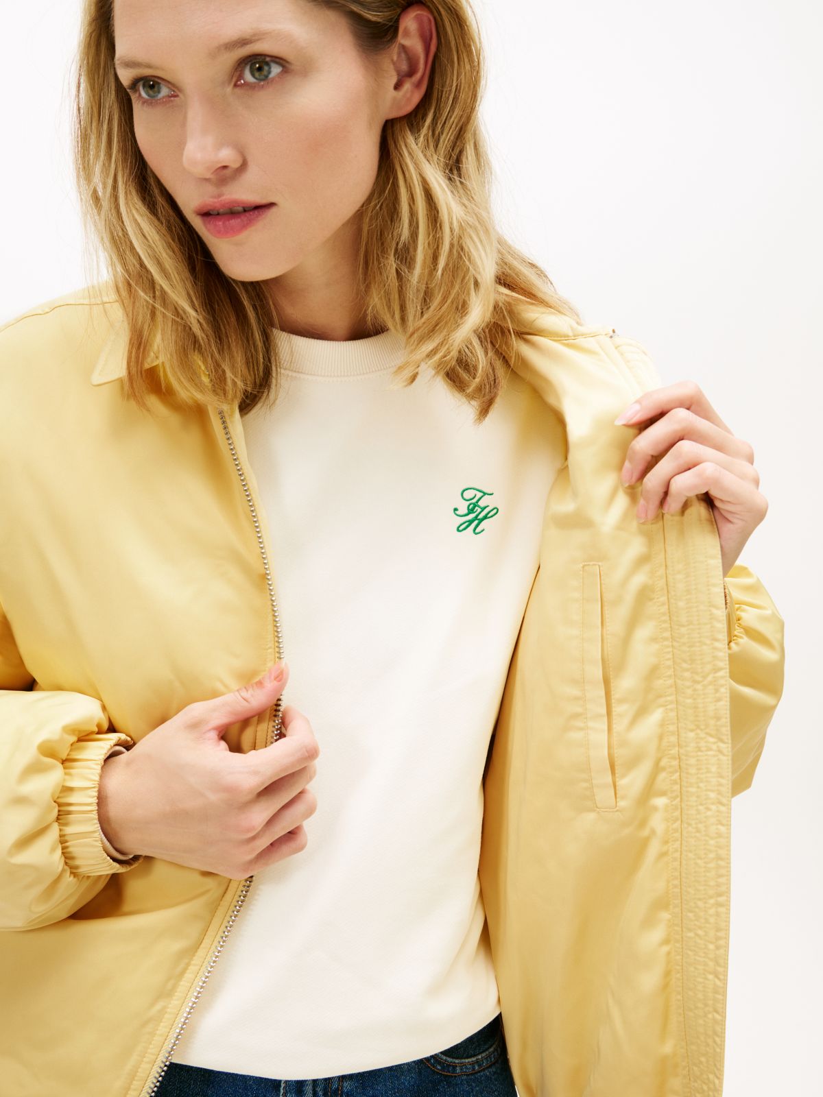 Water Repellent Satin Relaxed Padded Jacket — Yellow