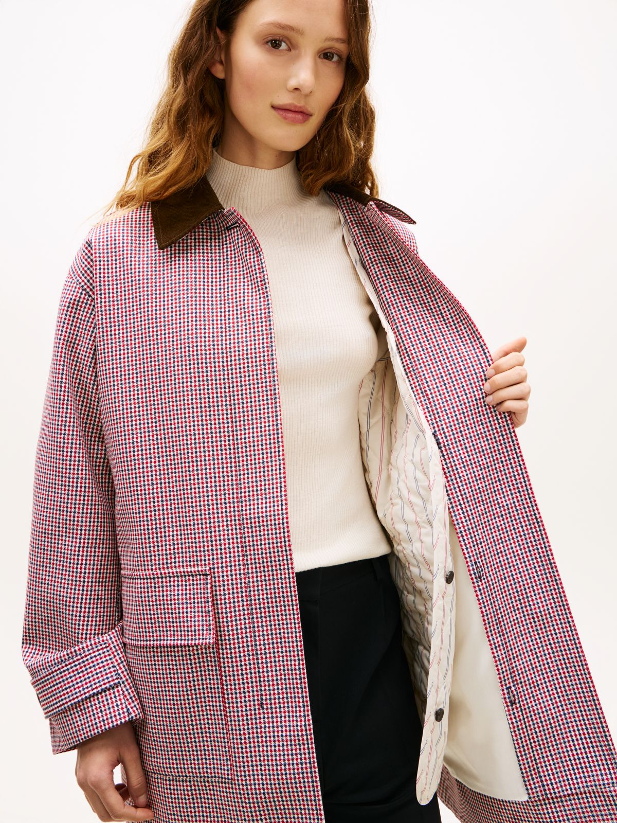 Water Repellent Check Oversized 2-In-1 Coat — Red