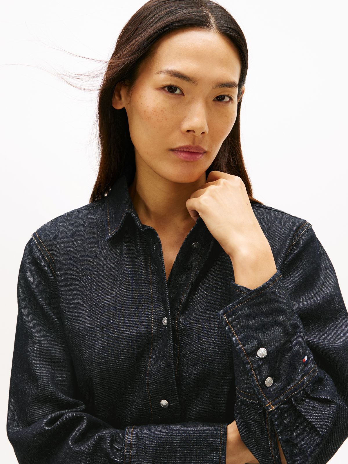 Relaxed Fit Flag Embroidery Denim Shirt — Black