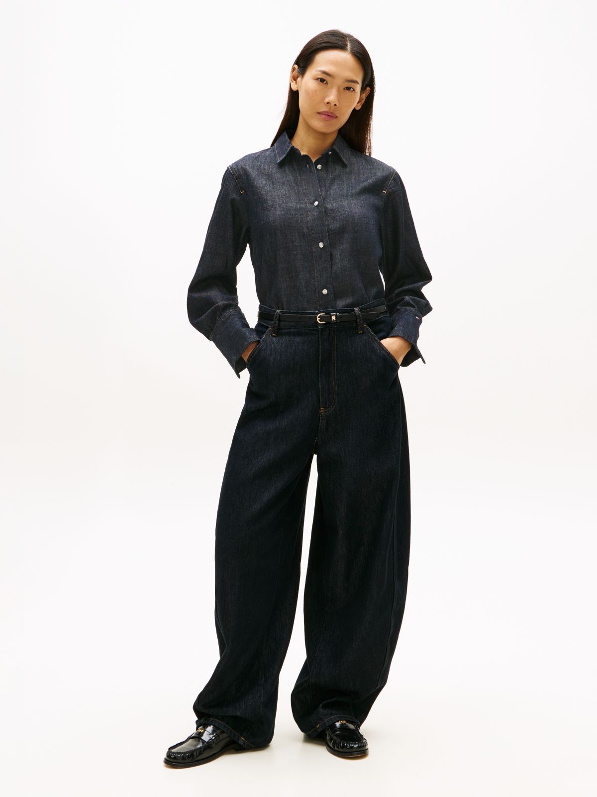 Relaxed Fit Flag Embroidery Denim Shirt — Black