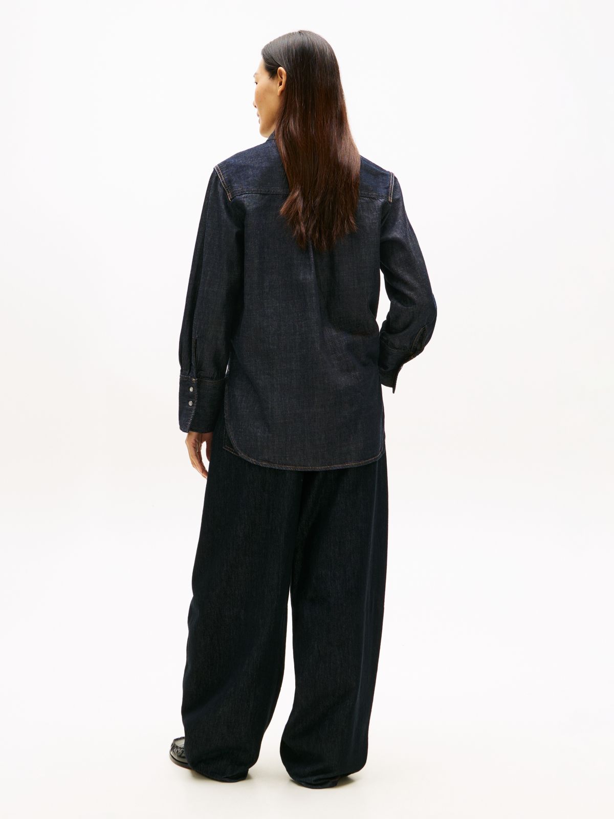 Relaxed Fit Flag Embroidery Denim Shirt — Black