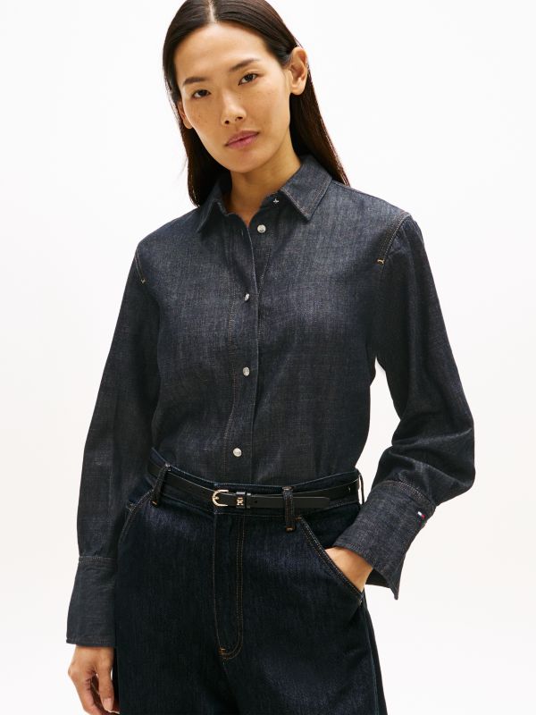 Relaxed Fit Flag Embroidery Denim Shirt — Black