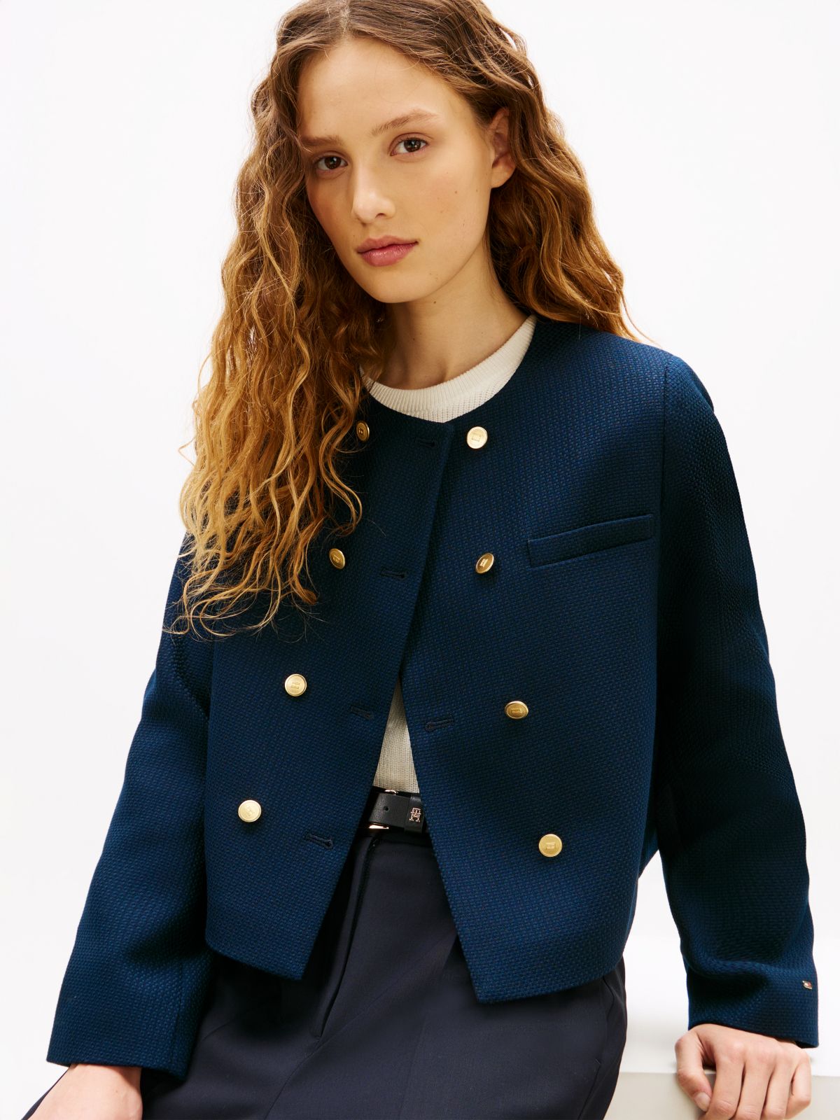 Textured Wool Blend Double Breasted Jacket — Blue